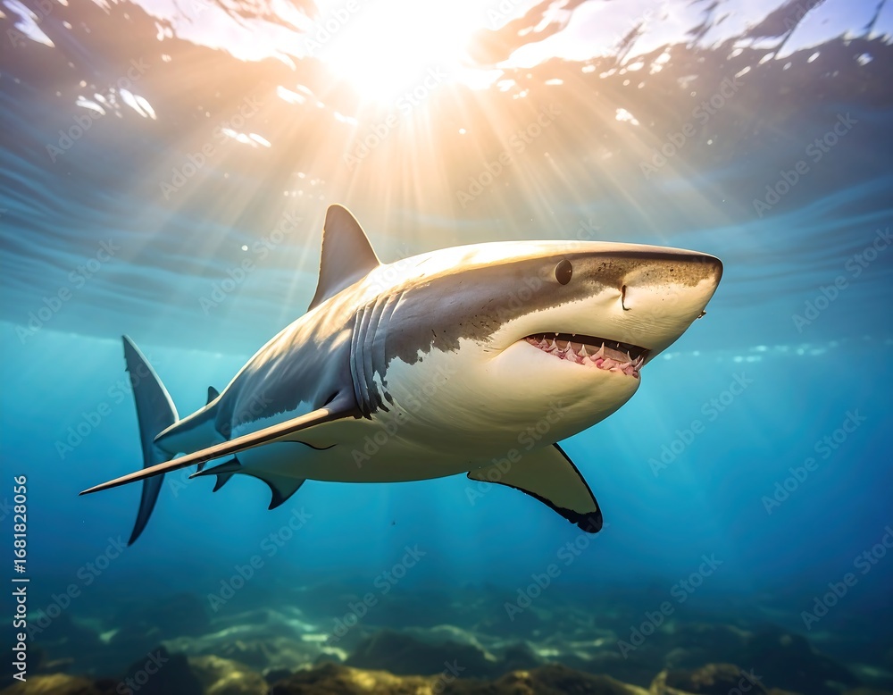 Fototapeta premium Great white shark in sunlight underwater