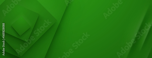Green abstract background with layered squares on left, creating depth.