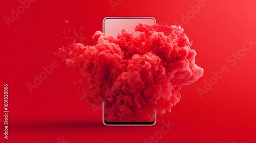 A smartphone surrounded by a vibrant red smoke cloud on a red background.