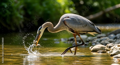 Grey heron wading in shallow water, beak plunging into water creating splash. Green trees, rocks, sunny. Nature, hunting theme. Meta AI Generated.
