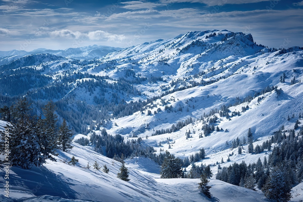 Fototapeta premium Snowy mountain landscape during winter with clear skies and distant peaks in the background