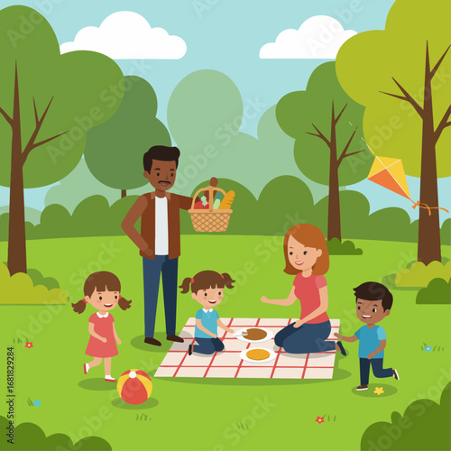 Joyful family enjoys a sunny park picnic with laughter, food, and a kite flying high