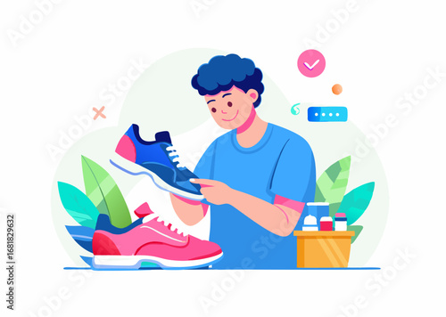 A person does custom sneakers image. Cartoon style. Vector illustration.