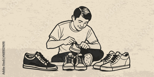 A person does custom sneakers monochrome vintage image. Flat vector illustration.