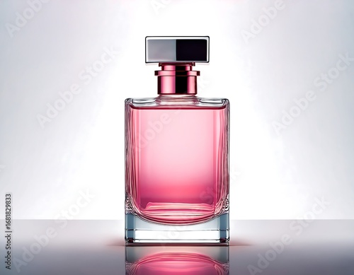 Elegant fragrance bottle filled with pink liquid, perfect for beauty, fashion, or cosmetic advertising