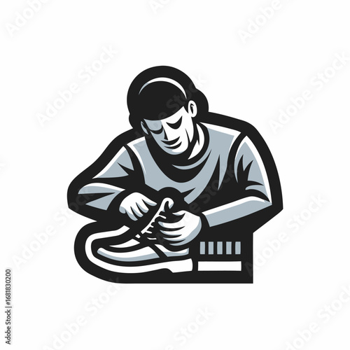 A person does custom sneakers image. Craftsman flat style emblem. Vector illustration.