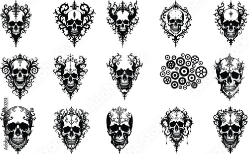 Gothic Skull and Wings Vector Set – Dark Tattoo Style Art
