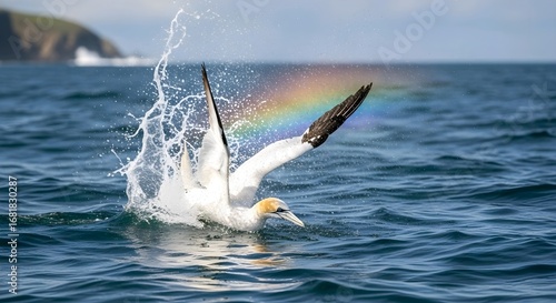 White bird splashes in dark blue ocean with rainbow arc behind wings. Cliff in distance. Serene, magical theme. AI Generated