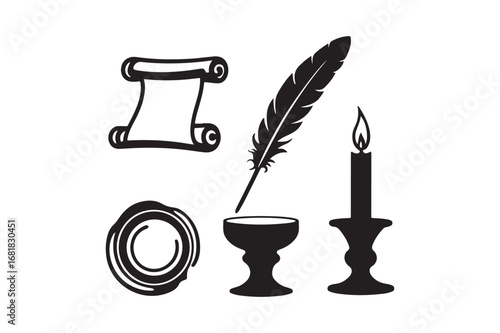 Vintage writing set with scroll quill candle and inkwell