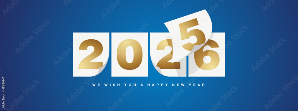Fototapeta premium 2026 Happy New Year greeting card design template on blue background. Golden New Year 2026 start concept. Calendar pages turn in the wind and the new year begins