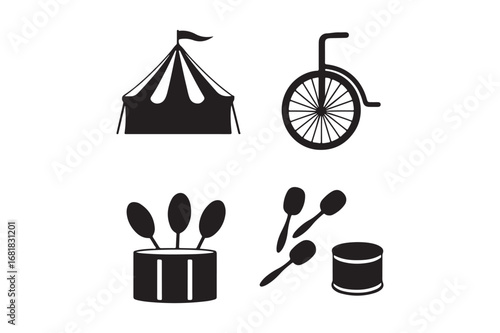 Circus icons tent unicycle drum and spoons