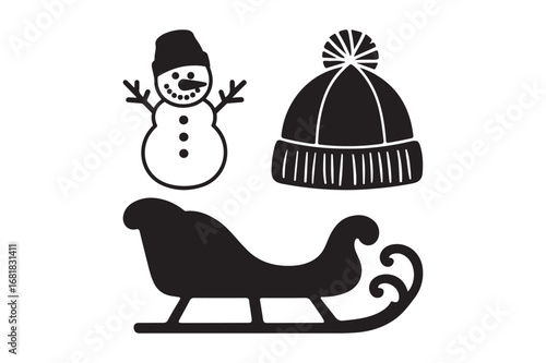 Winter holiday icons snowman sleigh and hat
