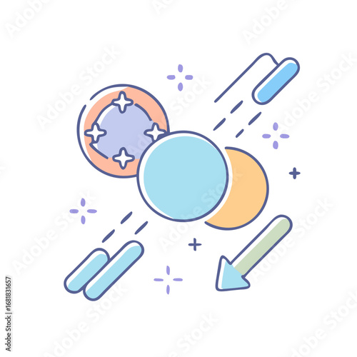 Illustration of celestial bodies, lunar phases, shooting stars and direction
