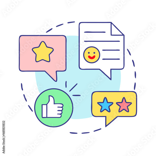 Colorful feedback icons with stars, thumbs up, and smiley review symbols