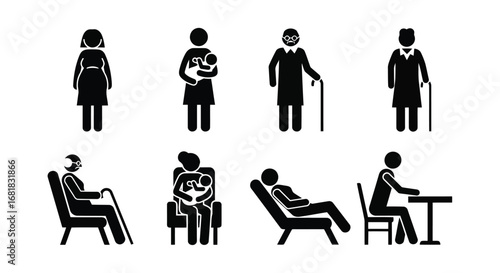 Stick figures showing different ages and activities of people
