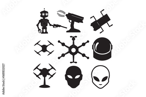 Collection of sci fi icons robots drones aliens and surveillance technology