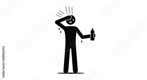 Stick figure experiencing heat stroke and holding a water bottle