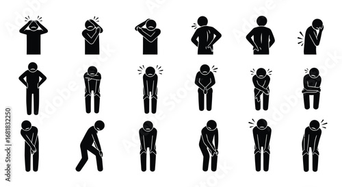 Illustrations of various body pains and discomforts in black and white style