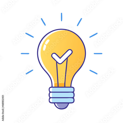 Bright idea lightbulb with checkmark symbolizing a successful solution or concept
