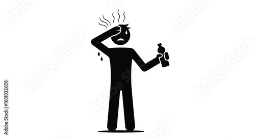 Stick figure sweating and holding a water bottle