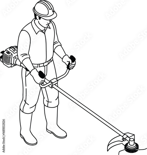 Illustration of man using weed wacker for lawn care and gardening
