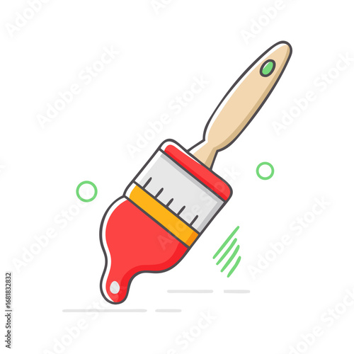 Cartoon paint brush with red paint dripping on a white background
