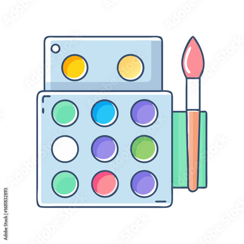 Stylized cartoon illustration of a colorful makeup palette with brush