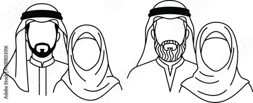 Arab muslim couple vector illustration islamic wedding line art set