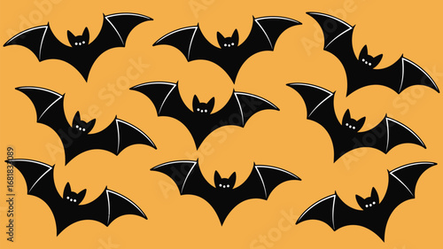 Spooky black bats flutter across a vibrant orange background, perfect for Halloween celebrations and festive designs.