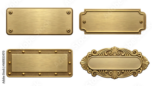 Golden metal plates and frames collection on transparent background