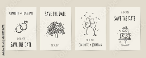 Save the Date cards. Rings, 
wedding bouquet, glasses of champagne, cake. Drawings for wedding dinner posters, invitations, bridal shower parties. Ink doodle sketch style