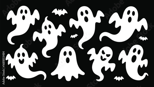 Spooky Halloween ghosts and bats create a fun, festive atmosphere for holiday celebrations and decorations