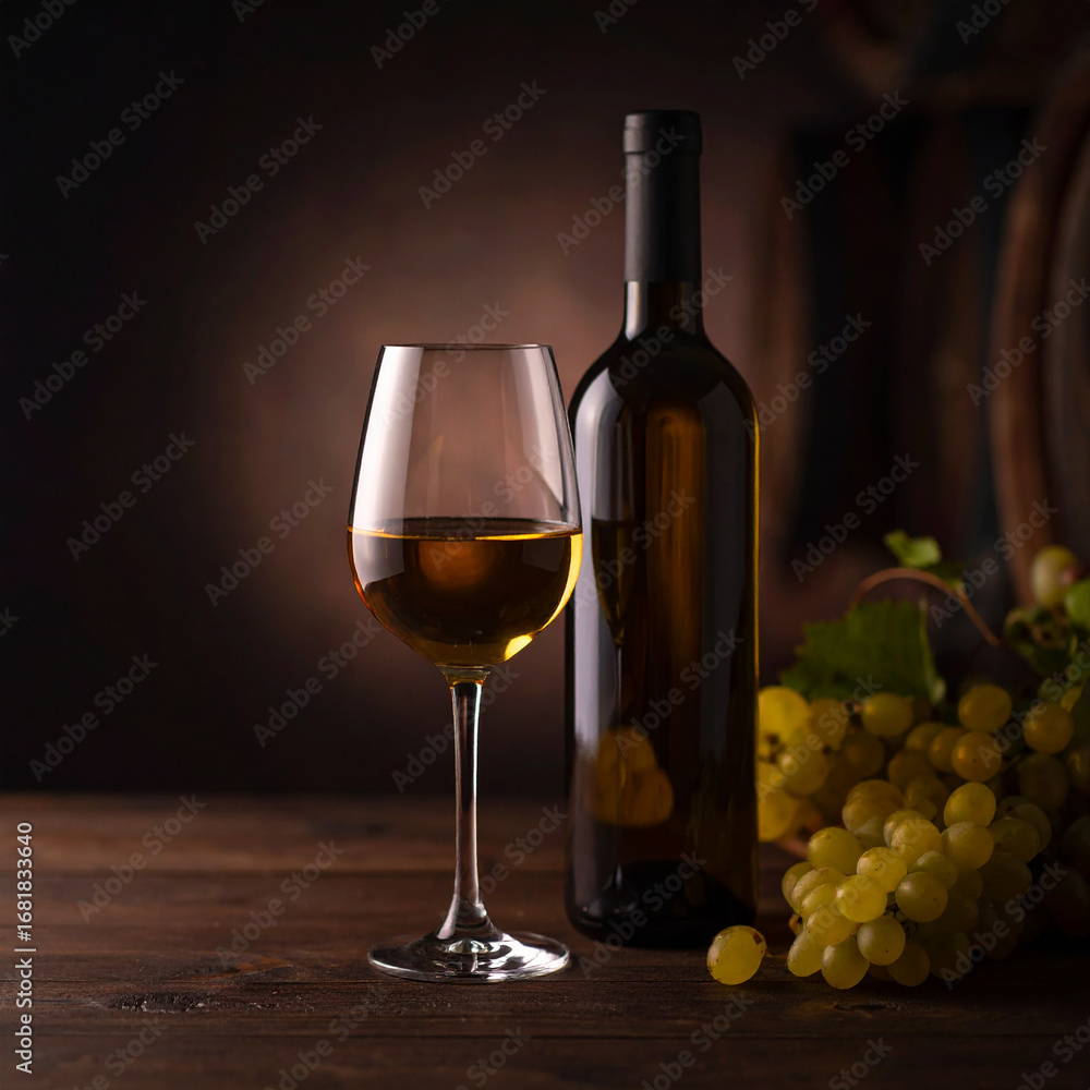 Fototapeta premium Generated Cinematic Wine Cellar Still Life: Unlabeled Bottle, Glass, and Grapes on a Rustic Wooden Table, Capturing Soft Studio Light and a Warm Atmosphere