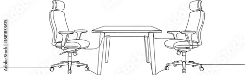 Office furniture line art featuring chairs and table illustration