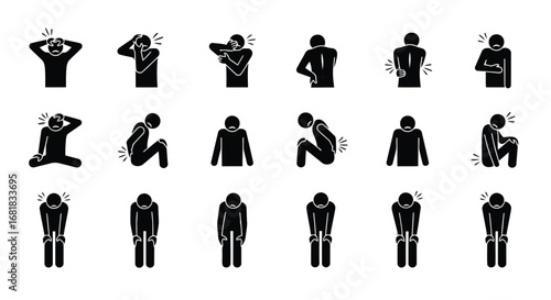 Collection of stick figure icons showing different types of body pain