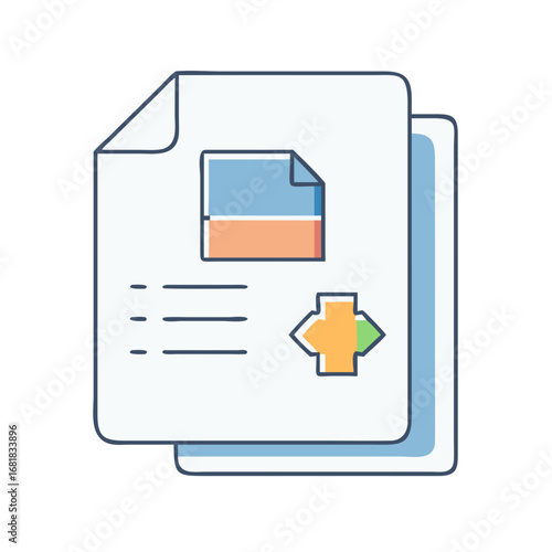 Colorful document stack with header, description and arrow icon illustration