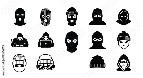 Collection of hacker icons showing various types of masks and hoodies