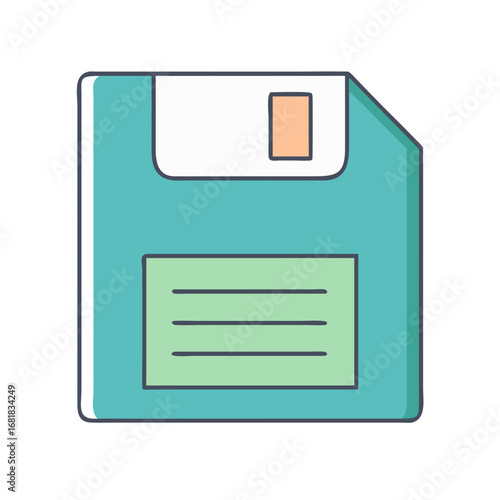 A classic floppy disk in teal green representing data storage and history