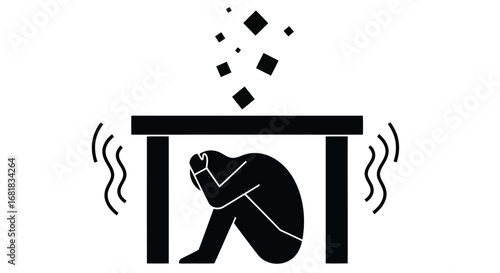 Earthquake safety illustration, seeking shelter