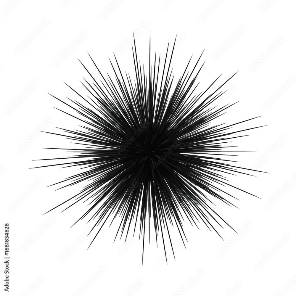Obraz premium A perfectly sharp, photorealistic abstract image of a black sphere with crisp lines radially bursting on an immaculate white background, concept of strategic outreach and influence
