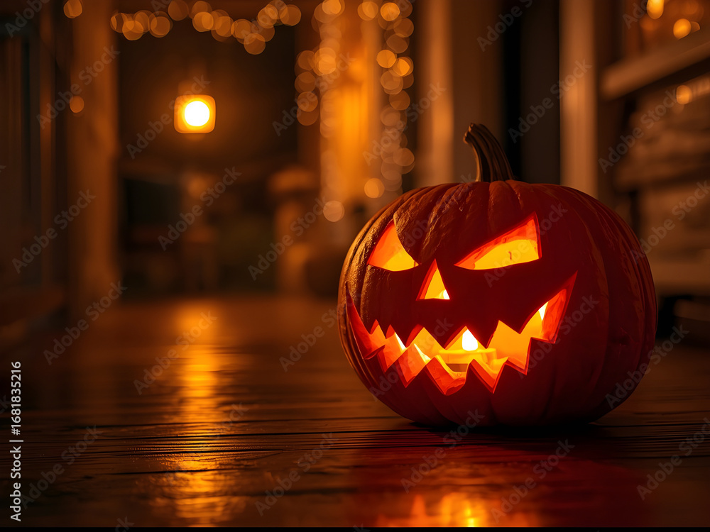 Fototapeta premium A scary, glowing Halloween jack-o-lantern with a spooky face smiles in the dark on a black background