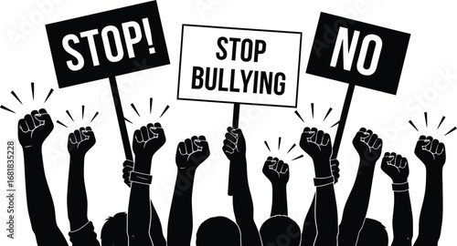 Stop bullying concept illustration with raised fists and signs
