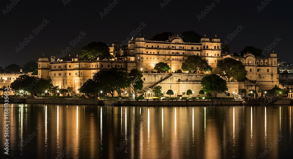 Obraz premium Historic Indian Palace Illuminated at Night Reflected in Lake Pichola Udaipur.