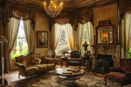 Opulent Victorian Parlor with Antique Furniture and Luxurious Details Evoking Old World Charm and Timeless Elegance