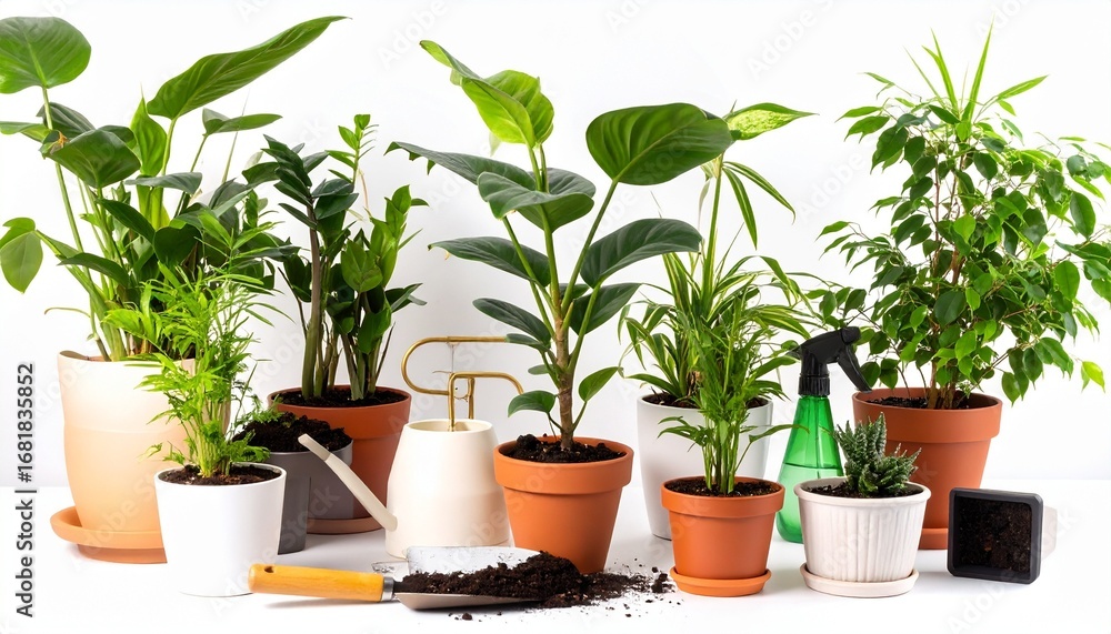 Fototapeta premium Indoor potted plants with gardening tools on white surface and background