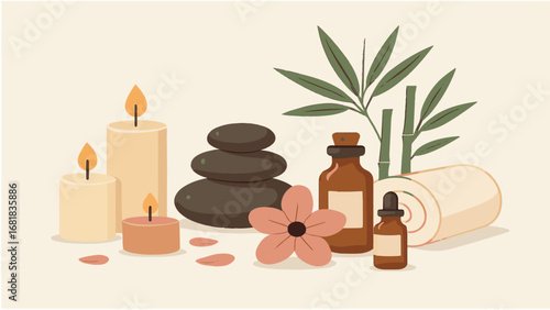 Vector Illustration of Spa and Wellness Elements with Candles, Stones, and Flowers