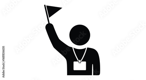 Tour guide with flag and badge leading a group of tourists