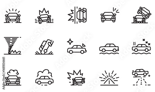 Car accident and vehicle insurance icons in outline style showing fire, flood, tornado, impact, theft, and crash for safety, disaster, and risk management design
