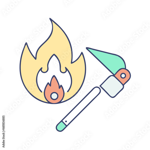 Modern stylized icon of fire flame and green tomahawk with handle