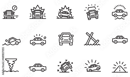 Outline icon set representing automobile hazards such as car fire, flood, tornado, crash, explosion, and damage for insurance and safety concepts